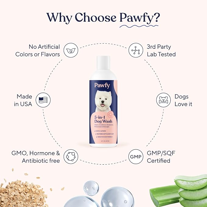 Pawfy Dog Shampoo & Conditioner, Oatmeal & Aloe for Itchy Sensitive Skin | Wash away that doggy smell and leave your pup fresh, clean and soft, with a gentle formula that won't dry their skin.