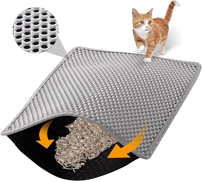 ondware Cat Litter Mat 30 x 24 in, Double Layer, Waterproof, Gray | Honeycomb EVA mat, traps litter, urine-proof non-slip backing, soft on paws, easy shake-off or rinse clean