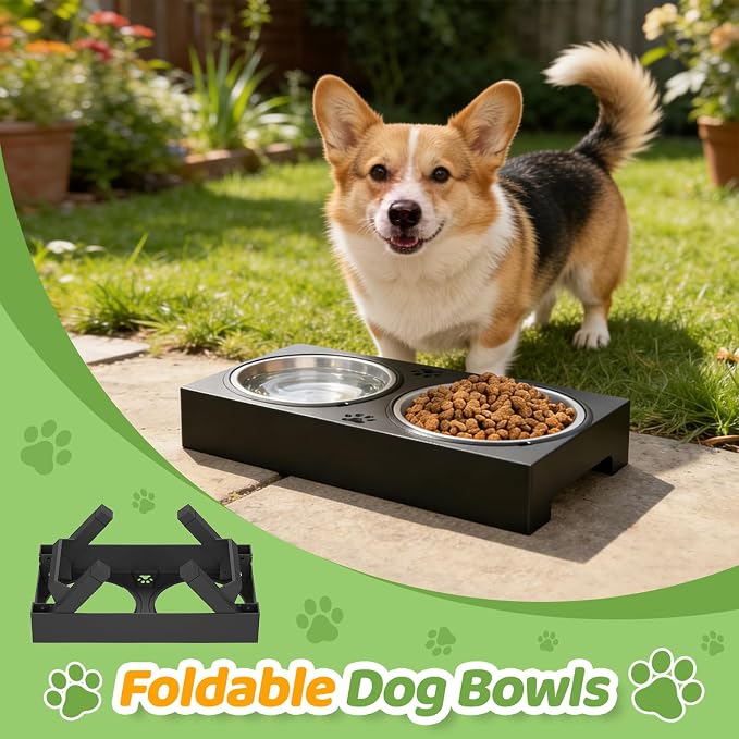 Elevated Dog Bowls, 4 Height Adjustable Raised Bowl Stand with 2 Stainless Steel 7" Food Feeder Bowls for Small Medium and Large Dogs （Plastic）