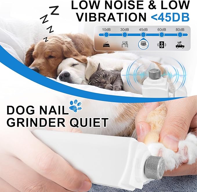 2-in-1 Dog Nail Clippers & Grinder with LED Light, Quiet Electric Pet Nail Trimmer for Small Medium Large Dogs & Cats, 3 Speeds, USB Rechargeable, Quick Sensor, Safety Lock & Splash Guard (White)