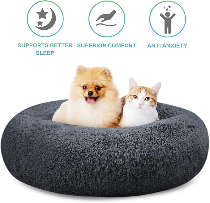SAVFOX 23 inches Calming Donut Dog Bed - 3X Durable Plush Faux Fur, Machine Washable & Non-Slip, Fits up to 25 lbs, Dark Grey