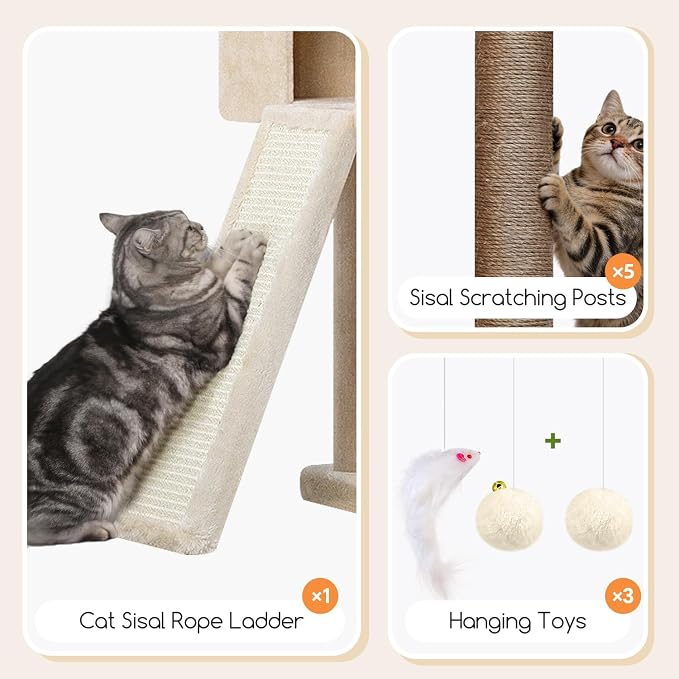 Globlazer Tall Cat Tower Extra Large Cat Tree House, S77D, Beige | 77 inch Cat Climbing Tower for Indoor Cats Large Adults with 5 Scratching Posts, 2 Cat Condos, 2 Platforms