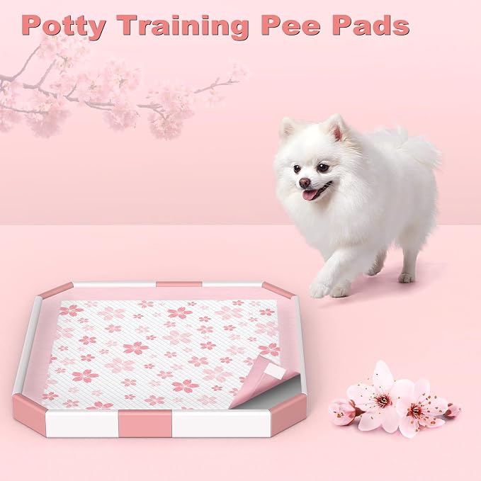 MIZOK Puppy Pads Pink 22x22in, Stay-Put Training Mats with Pheromone Attractant, Decorative Cherry Blossom 6-Layer Absorbent Dog Pee Pads, Disposable (30 Count)