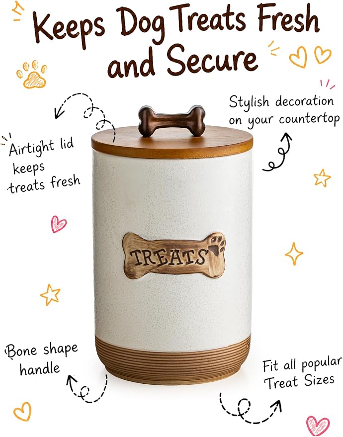 Miamolo Airtight Dog Treat Container, Dog Food Storage Container, Ceramic Dog Treat Jar with Wood Lid and Handle, Pet Treats Canister for Countertop, Farmhouse Gift for Dog Lovers, Bone Glinting White