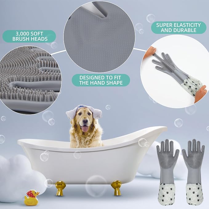 Dog Washing Gloves- Long Sleeved Pet Grooming Gloves - Heat Resistant Silicone Gloves with High-Density Teeth - Efficient Deshedding Glove for Dogs, Cats, Rabbits and Horses