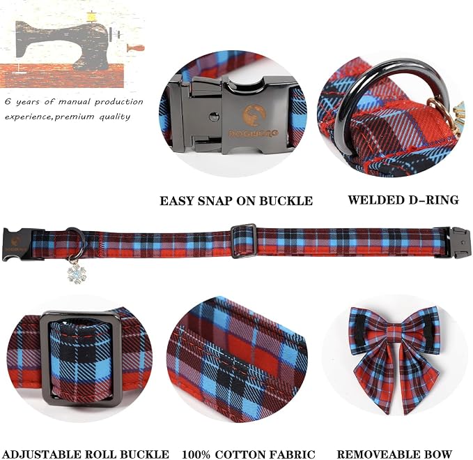 DOGWONG Christmas Dog Collar with Bow Tie, Red Green Plaid Dog Collar Durable Metal Buckle Adjustable Soft & Cute Red Grid Dogs Collars for Small Medium Large Dogs, L