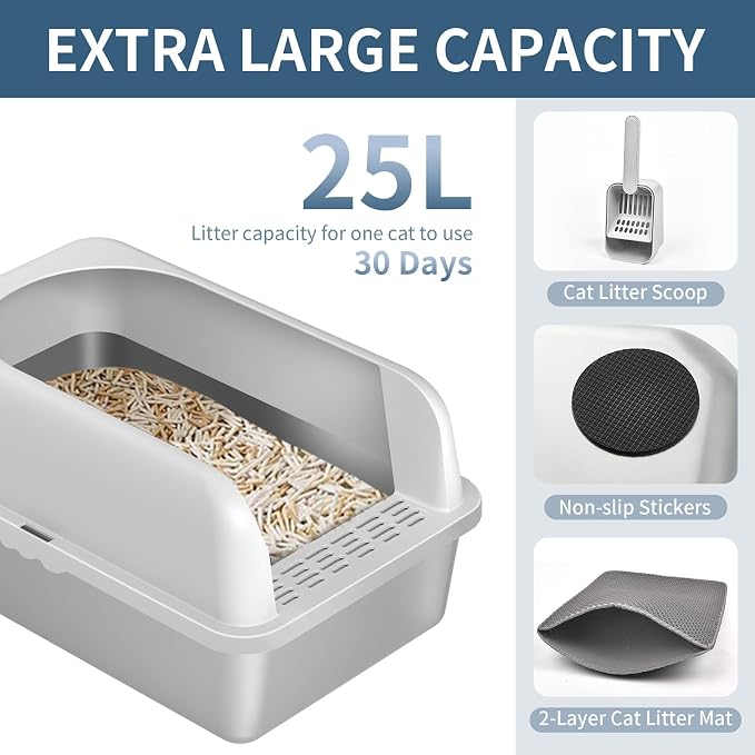 Prodigen Stainless Steel Cat Litter Box with Lid High Wall Sides Enclosure, Non-Sticky, Anti-Leakage, Easy Cleaning, with Cat Mat & Scoop, 19.6" L x 14" W x 12" H