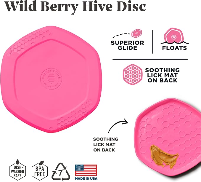 PROJECT HIVE ·PET COMPANY· Dog disc - Great for Fetch - Includes a Lick mat on Back - Floats in Water, Smooth Glide - Made in The USA (Wild Berry)