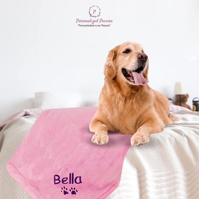 Personalized Passion Dog Blanket with Embroidered Name and Paws - Soft, Comfortable and Cozy for Couch, Bed, Car - Water Resistant Pet Fleece Blanket for Dogs and Cats - Pink - 28x40 Inches