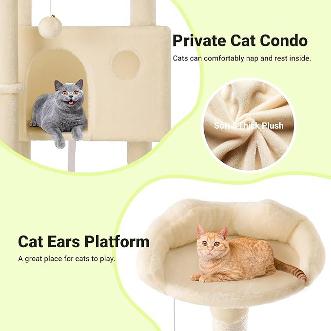 Allewie 64 Inches Multi-Level Cat Tree Tower for Indoor Cats, Beige | Activity Center for Big Felines, 2 Plush Condos, 2 Perches, Cozy Basket, House, Sisal Scratching Posts, Hanging Cat Toys
