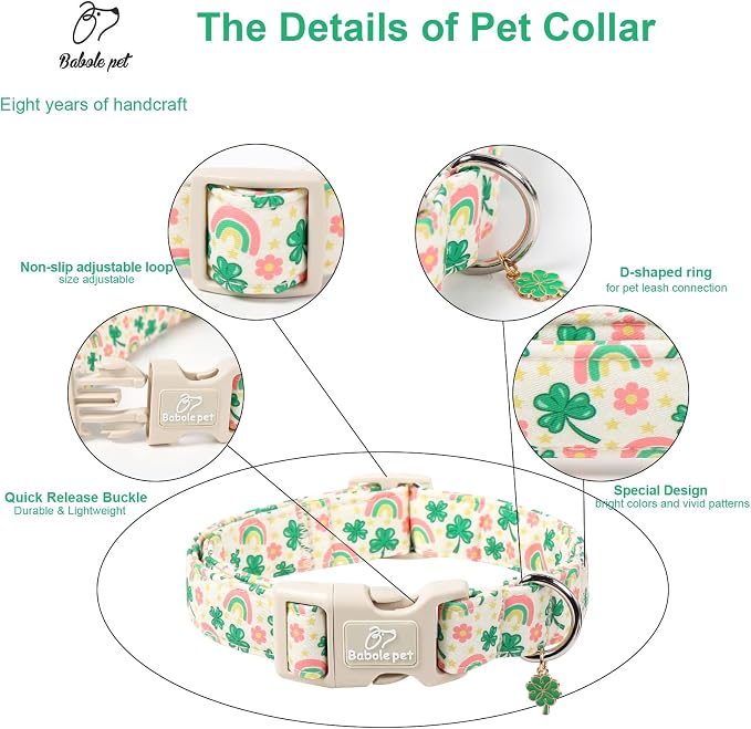 St. Patrick's Day Dog Collar for Medium Dogs - Cute Shamrock & Rainbow Print Dog Collars, Irish Green Party Puppy Collar, Lightweight Adjustable St. Patricks Day Pet Collars M