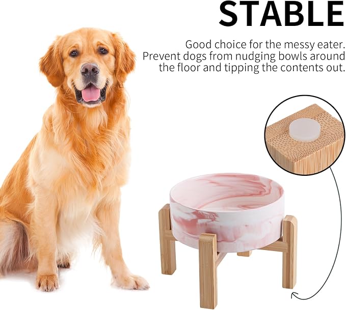 Raised/Elevated Ceramic Dog Bowl for Small Medium Sized Breeds,Dog Food Water Bowl with Stand,6 in Non Slip Heavy Pet Feeding Dish 3.6 Cups/ 850 ml /28 OZ Marble Pink