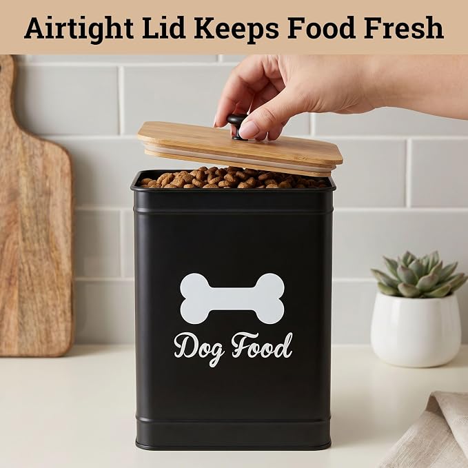 Dog Food Container Airtight Bamboo Lid 5-7 lb, 25 Cups, Sturdy Metal Handle | Pet Jar For Dogs up to 50lbs, Airtight Bamboo Lid, Sturdy Comfortable Metal Handle, Powder Coated Iron, Kibble Storage Bin