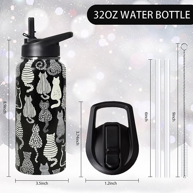 32oz Black Cat Insulated Aater Water Bottle with Straw,Cat Gym Hiking Sports Coffee Mug Cup Water Bottles,Penguin Gifts for Women,Cat Decor Stuff Accessories
