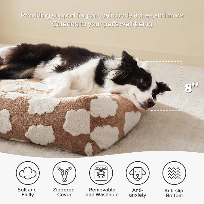 JOEJOY Large Dog Beds Large Sized Dog, Rectangle Washable Orthopedic Pet Bed with Removable Zipper Cover, Cute Soft Calming Puppy Pet Bed with Jacquard Shaggy Plush & Non Skid Bottom