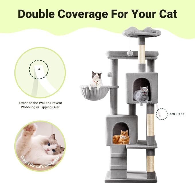 Allewie 64 Inches Multi-Level Cat Tree Tower for Indoor Cats, Grey | Activity Center for Big Felines, 2 Plush Condos, 2 Perches, Cozy Basket, House, Sisal Scratching Posts, Hanging Cat Toys