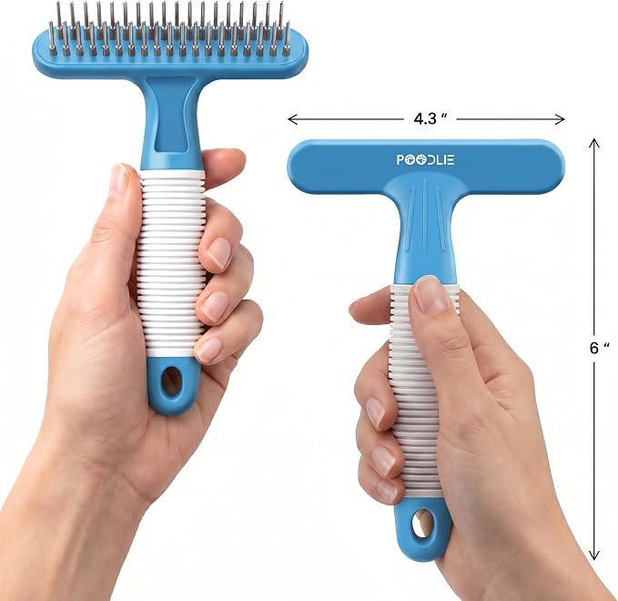 POODLIE Poodle Pet Dog Grooming Rake | Dematting Tool with Stainless Steel Shedding Comb for Pets | 2 Rows of Pins Gently Remove Loose or Tangled Hair from Undercoat (Blue)