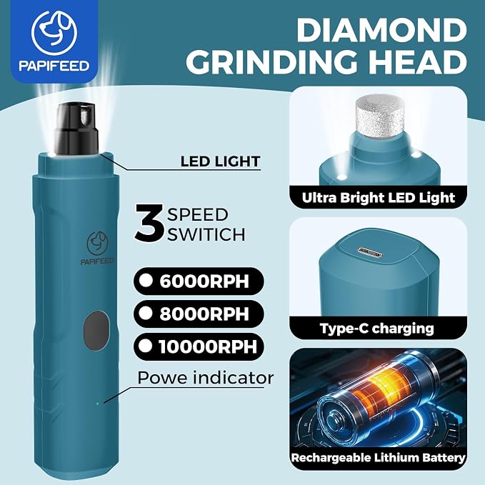 PAPIFEED Dog Nail Grinder with LED Light, Ultra Quiet 3-Speed Electric Nail File for Small Medium Large Dogs & Cats, Rechargeable Pet Nail Grinder Set with Nail Trimmer (Blue Kit)