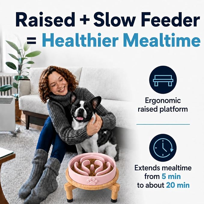 Slow Feeder Dog Bowls – Elevated Dog Bowl Slow Feeder with Bamboo Stand– Microwaveable Dog Slow Feeder for Small and Medium Dogs – Lead and BPA-Free Ceramic Pet Bowl – Pet Feeder for Fast Eaters