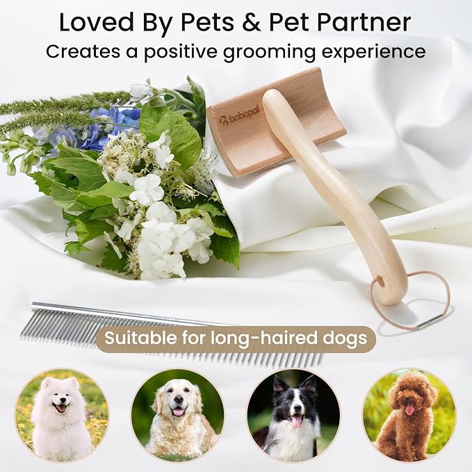 Dog Slicker Brush for Shedding,Dog Brush for Long Haired Dogs & Remove Tangles & Mats,Ergonomic Handle Grooming Like Professional,Beech Wood,M