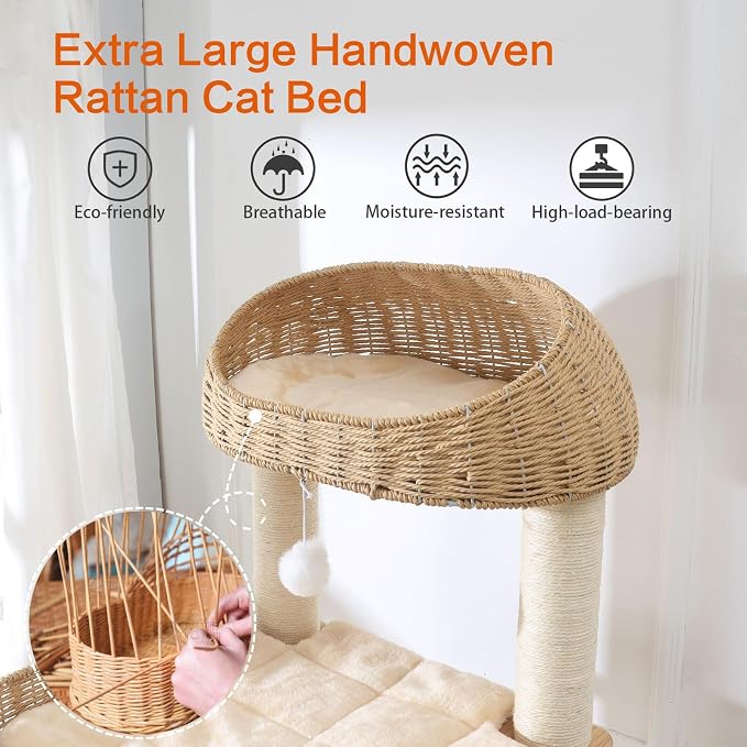 Wooden Cat Tree for Indoor Cats, 62 in Tall Cat Tower | with Scratching Post for Large Cats, Solid Wood Cat Condo, with Handwoven Basket and Hammock, Easy to Clean