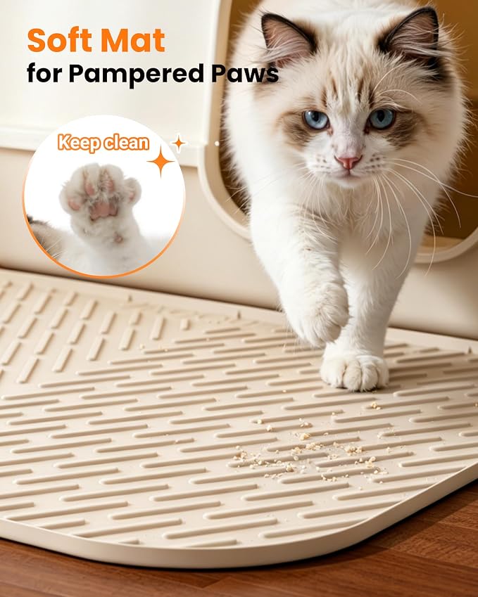 Cat Litter Mat, 47"x37" Extra Large Litter Box Mat, Silicone Mat, Beige | Waterproof Litter Trapping Mat for Scatter Control, Soft on Cat Paws Non-Slip Easy to Clean