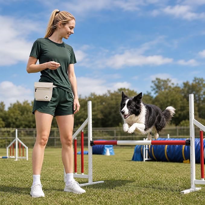 Dog Treat Pouch and Dog Training Clicker, Treat Bag with Poop Bag Dispenser, Powerful Magenetic Clasp, Metal Clip Waist Belt Fanny Pack for Pet Walk Dog Training (White)