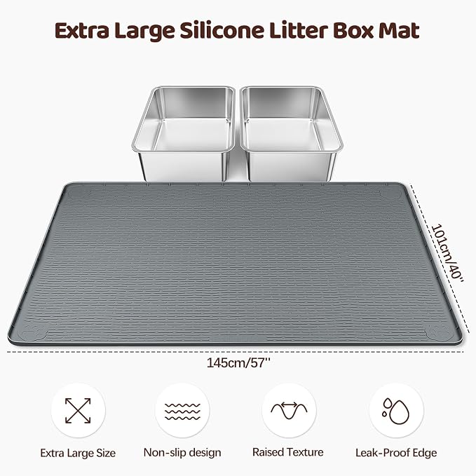 Silicone Cat Litter Mat for Litter Box 57”x40” Large Cat Mat, Dark Grey | Waterproof, Non-Slip, Leak-Proof Rug Mat with Lip, Easy to Clean, Extra Large Litter Catcher Mat for Floor