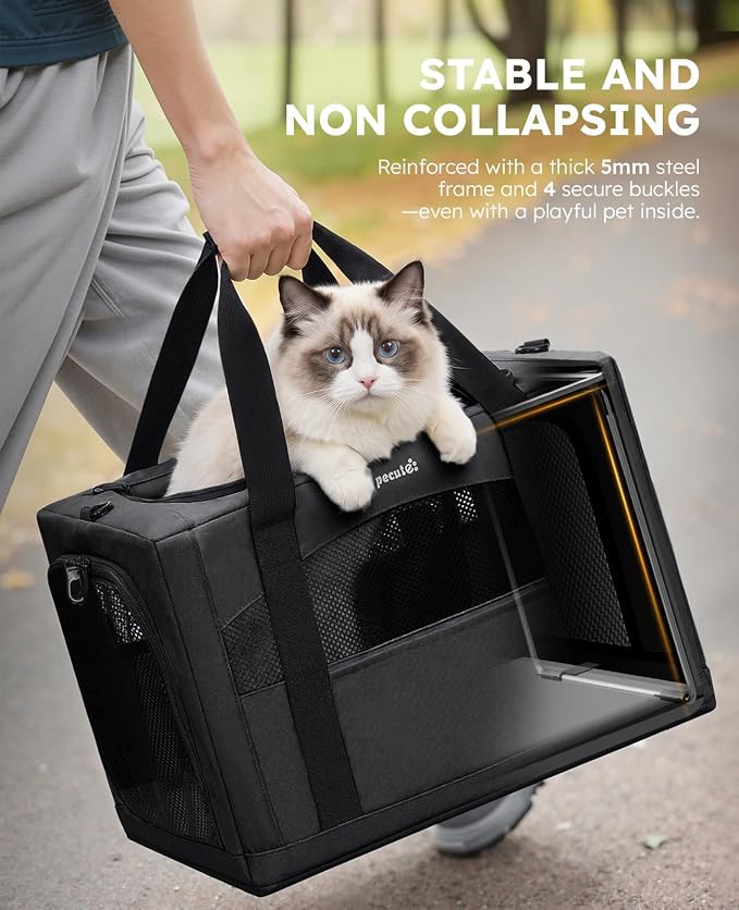 Pecute Pet Carrier for Cat up to 15lbs, Stable 5mm Steel Frame Soft-Sided Dog Carrier, Anxiety Relief Hidden Privacy Partition, Safe Pet Carrier for Car Travel, Washable, Foldable, Dark Gray, XL