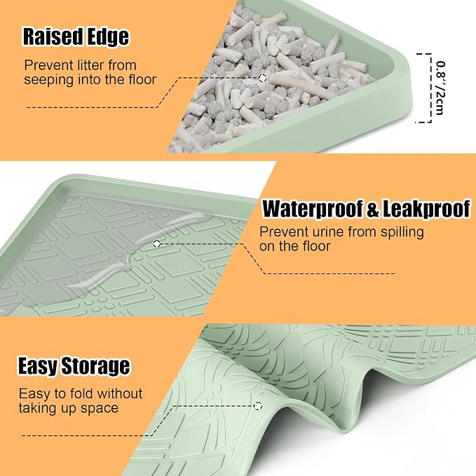 Silicone Cat Litter Mat 42" x 29" Cat Mat for Litter Box, Green | Extra Large Cat Litter Trapping Mat for Floor, Waterproof, Non-Slip Kitty Litter Box Mat with Raised Edge, Easy to Clean