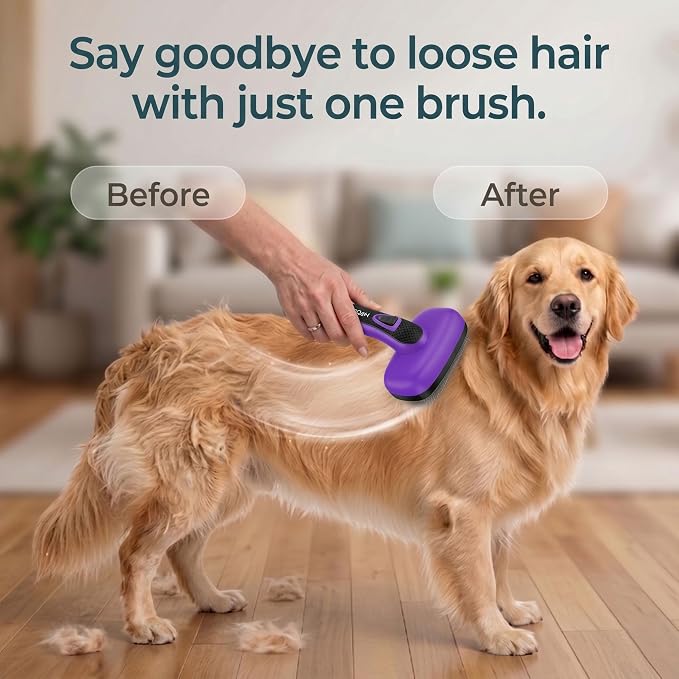 Self Cleaning Slicker Brush for Dog and Cat Shedding, Purple | Skin Friendly Deshedding Brush for Short or Long Haired Dogs & Cats, One-Click Retractable for Easy Cleaning Flying Hair