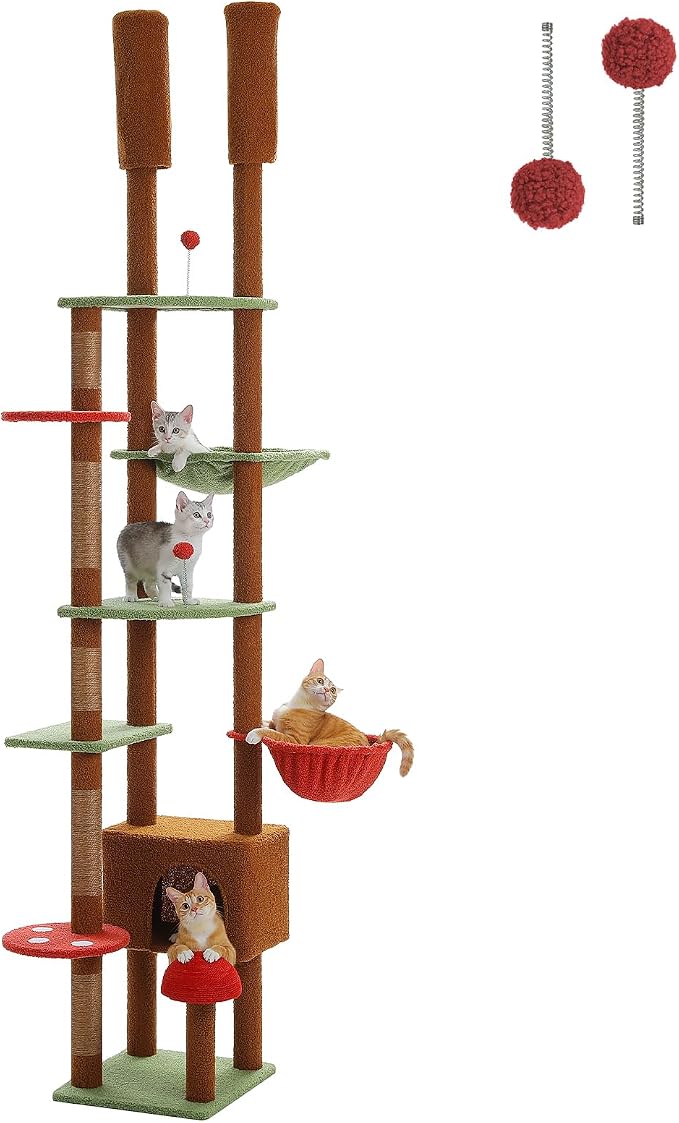 PEQULTI Floor to Ceiling Cat Tree Tower, Height Adjustable 230-252cm, Brown | Mushroom climbing pole for large cats with cat condo, hammock & sisal scratching posts; measure ceiling, fits 230-252cm