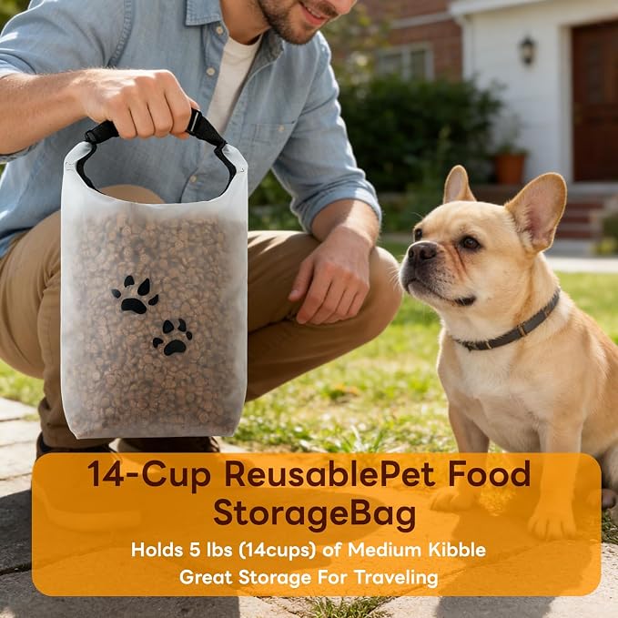 Dog Food Storage Bag with Roll-Top Closure, for Traveling, Camping,Boarding,14 Cups + 195 Poop Bags.