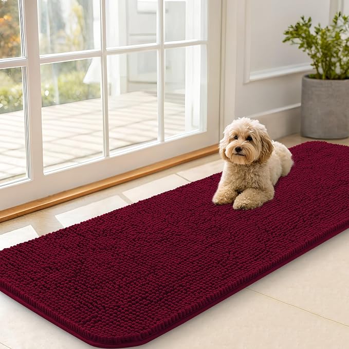 OLANLY Dog Door Mat for Muddy Paws 59x20, Super Absorbent Chenille Mud Mat | Burgundy, Absorbs Moisture and Dirt, Non-Slip Machine Washable Doormat, Quick-Drying Indoor Entryway Floor Carpet for Dogs