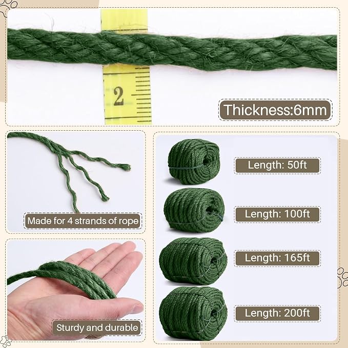 Sisal Rope for Cat Scratcher 1/4" 100 Ft Cat Tree Twine for Repairing Cat Scratching Post Replacement DIY Hemp Rope for Carpet Mat, Pet Toy, and Crafts Gardening Home Decorating (Green)