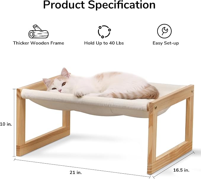 FUKUMARU Cat Bed Hammock, Cozy Velvet Cat Couch for Indoor Cats, Raised Wooden Cats Perch, 21 Inch Pet Sofa, Outdoor Dog Beds, Suitable for Puppy, Bunny and Small Animal, White
