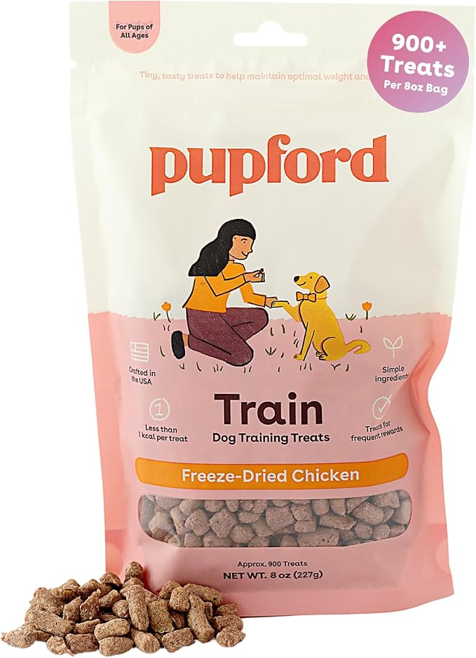 Pupford Freeze Dried Training Treats for Dogs & Puppies (Chicken, 8 oz) | 900+ treats per bag, Ultra low-calorie, Only 2 ingredients, All breed sizes, Mess free and bite sized, Trainer recommended