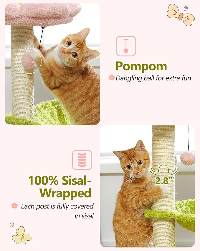 MUTTROS Flower Cat Tree, 28" Cat Tower with Cozy Flower Perch, Large Hammock for Indoor Small Cats, Cute Cat Tree with Sisal Scratching Post and Fur Toy Ball for Kittens, Pink