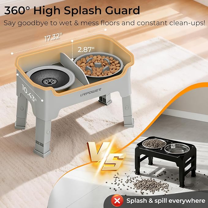 URPOWER Mess Proof Elevated Dog Bowls 4 Height Adjustable Raised Stand with No Spill Water Bowl and Slow Feeder Dog Bowls Non-Slip Food and Water Bowl Set for Small, Medium & Large Dogs