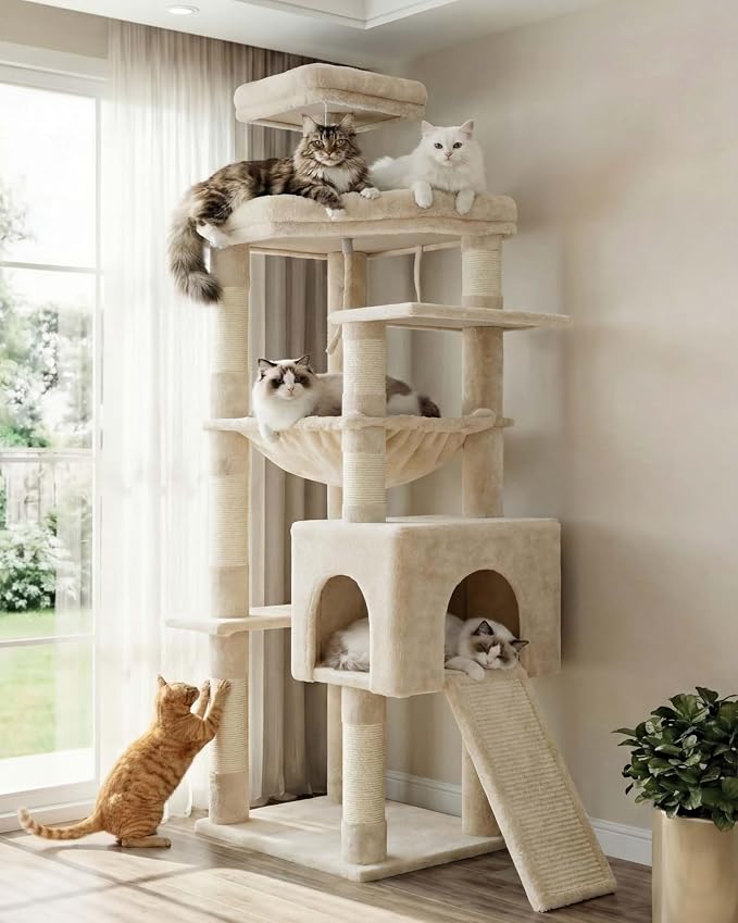 Heybly 64.2" Heavy-Duty Cat Tree for Large Cats with Wide Base HCT027M | Indoor Cat Tower with Scratching Posts & Board, Cat Furniture with Big Platforms, Extra-Large Hammock, Beige
