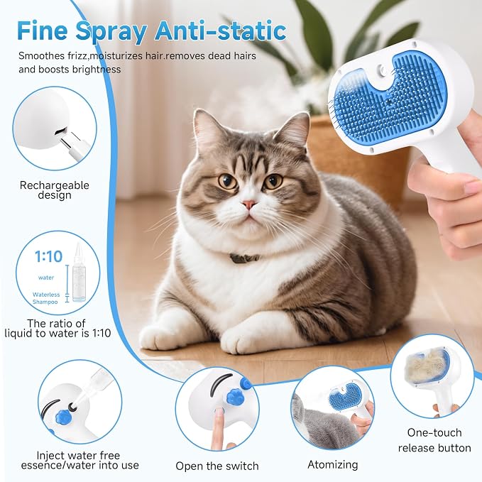 Pet Steam Brush for Dog & Cat - 3-in-1 Steam Grooming Brush for Shedding & Hair Removal - Self Cleaning Spray Comb with Mist for Long Haired Pets - Includes 2*Waterless Shampoo, Blue.