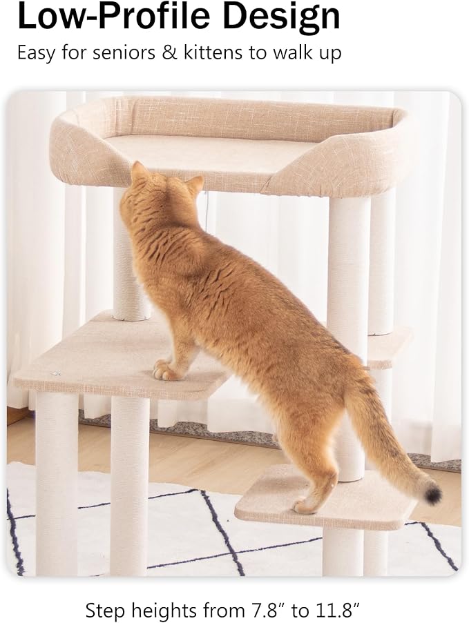 Cat Tree for Large Cats, Modern Senior Friendly Cat Tower with Wide Shelves, Cotton Scratching Posts, Super Sturdy Base, Cozy Perches, and Interactive Toys for Indoor Kittens, 37.4'' Ivory.