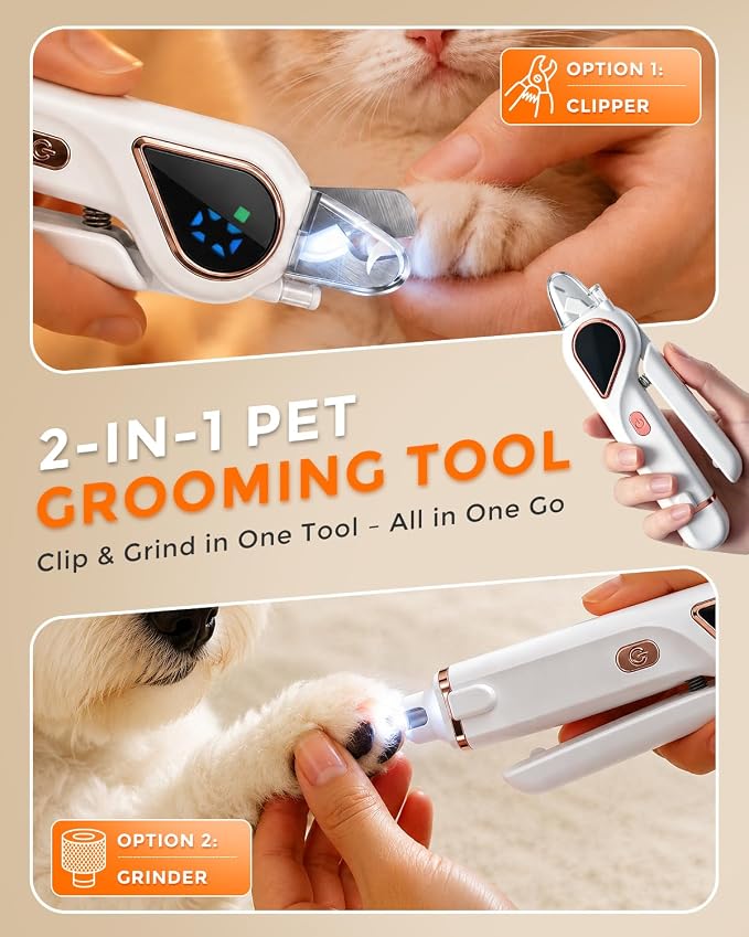 2-in-1 Cat Nail Clippers & Dog Grinder with Dual LED Lights (White) | 3 Speeds Nail Clippers, Quick Sensor, Safety Guard, Type-C Charging, Low Decibel Grinder for Small Medium Large Dogs & Cats