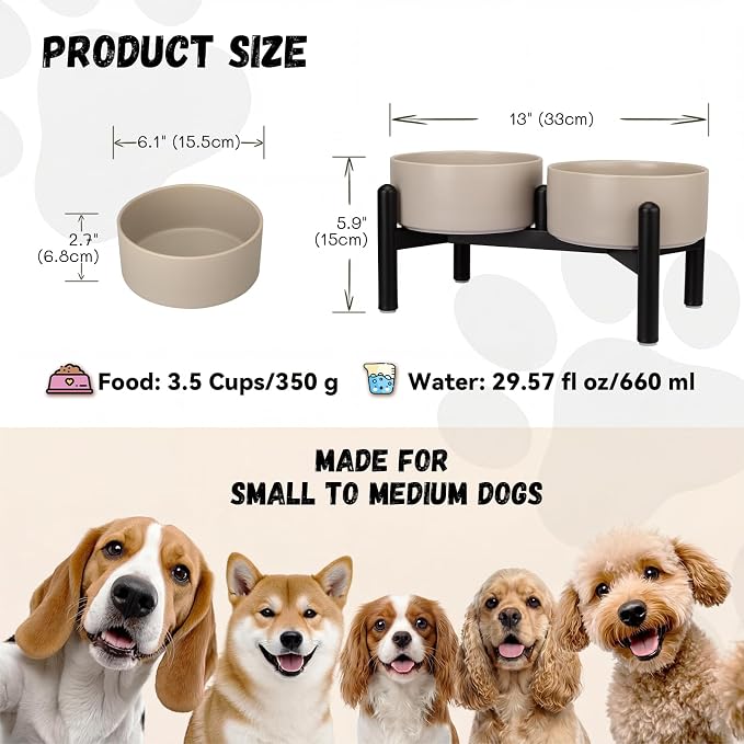 Raised Ceramic Dog Bowl Set - Elevated Double Dishes with Stainless Steel Stand - Food and Water Bowls for Small to Medium Dogs - Each Holds 3.5 Cups (29.57 fl oz) - Grey