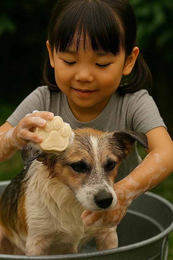 Natural Pet Shampoo Bar - Gentle Care Oatmeal for Sensitive Skin, 3.88 oz Paw Print Soap with Rope - Pet Wash Bar - Hypoallergenic, Dye-Free, Fragrance-Free, Chemical-Free, & Eco-Conscious
