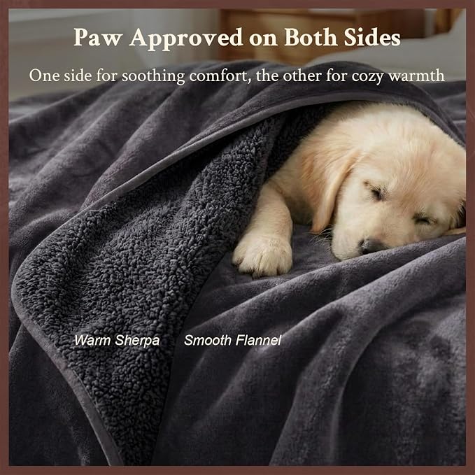 Waterproof Blanket for Couch, Sofa, Pets- Plush Water Proof Throw Blanket to Protect Furniture, Stain Resistant, Leak-Proof, Double-Sided, Reversible Flannel & Sherpa Fleece, Grey, 40"x60"