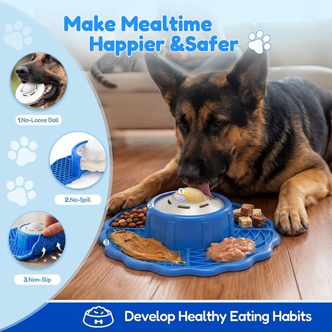 3-in-1 Slow Feeder Dog Bowl with Rolling Ball & Lick Mat for Dogs and Cats, 10oz Capacity, Helps Slow Eating & Calm Feeding & Mental Enrichment, for Indoor & Outdoor Use