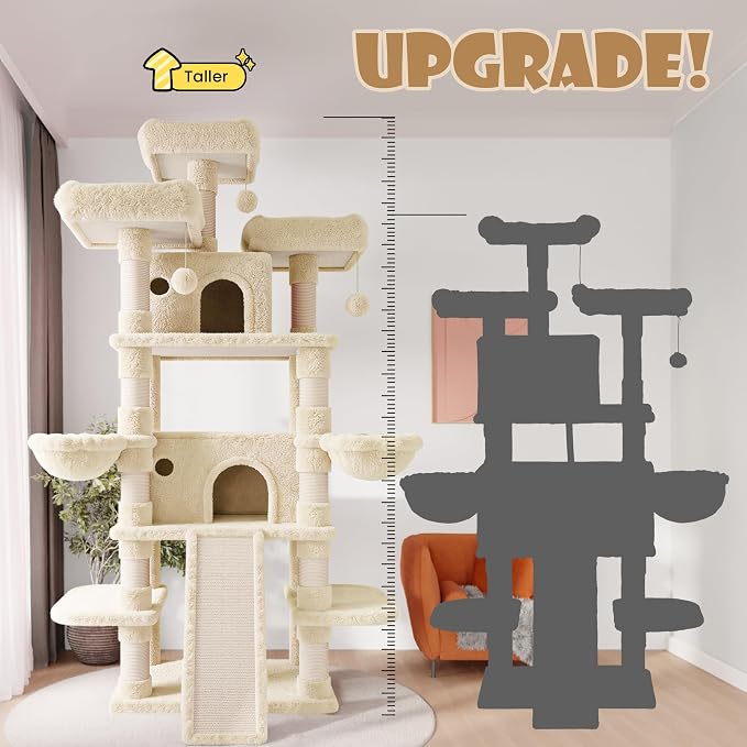 SHA CERLIN 81 Inches Extra Large Cat Tree for Indoor Adult Cats/XXL Big Cat Tower with Condo/Cozy Perches/Sisal Scratching Posts and Hammocks/Activity Center/F80/Heavy Duty/Beige