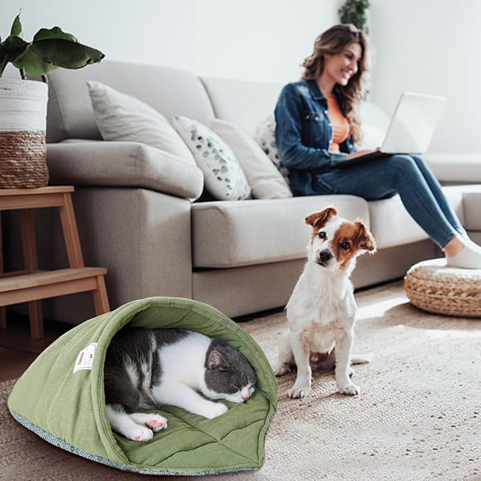 Cat Sleeping Bag Cave Bed with Non-Slip Bottom (Green with Support) | Comfortable Linen Fabric, Non-stick Hair, Felt Handle, Washable, Suitable Size for Most Cats and Puppy, Durable Pet Nest