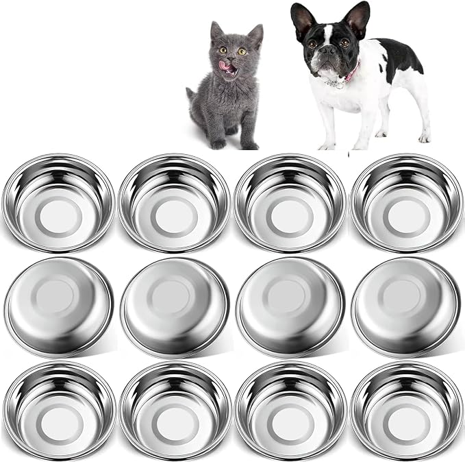 12 PCS Thickened Stainless Steel Cat Bowls, 5.5 Inch Shallow Wide Flat Metal Kitten Food Bowls, Whisker Friendly Fatigue Relief Replacement Basic Pet Dishes for Indoor Cats